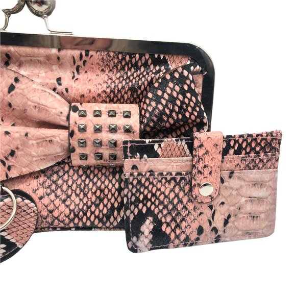 Embossed Snakeskin Faux Leather Clutch Set Pink Card Holder Key Fob Set of 3 - Picture 3 of 13